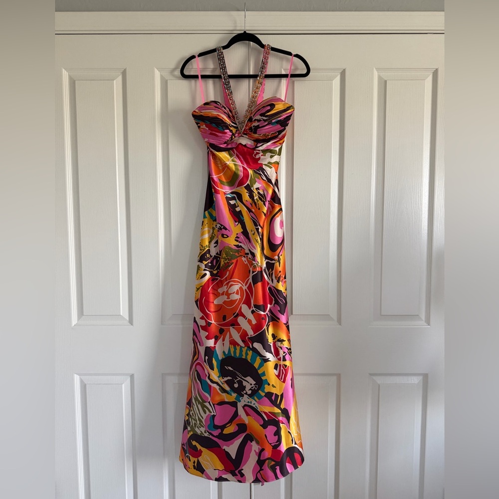 Faviana Couture Colorful Embellished Long Satin Maxi Dress Formal Gown Size 12 - Picture 7 of 16